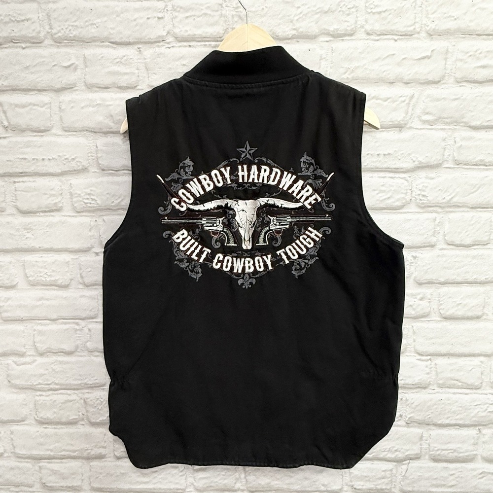 Cowboy Hardware Vest Mens M Black Duck Canvas Western Quilt Lined Embroidered - Picture 3 of 15